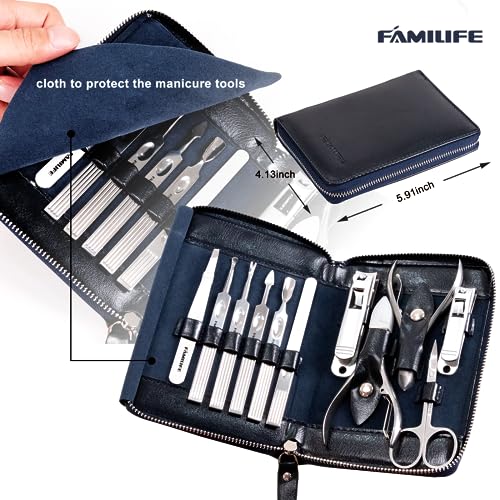 FAMILIFE Stainless Steel Manicure Set 11-in-1 Professional Nail Clipper Kit | Portable Leather Travel Case, Pedicure & Grooming Tools for Fingernails & Toenails, Luxury Gift for Men & Women, Navy Blue - color: Navy Blue