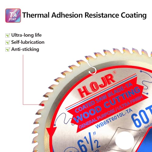 2-Pack 6-1/2" 60-Tooth 5/8" Arbor Woodworking Circular Saw Blade,Ultra Finish/General Purpose,Special Anti-Thermal Adhesion Coating on Cutting Edge-TA,High Finish, Long Life,6-1/2" 60T 5/8" - size: 2PCS 6-1/2" 60T 5/8"