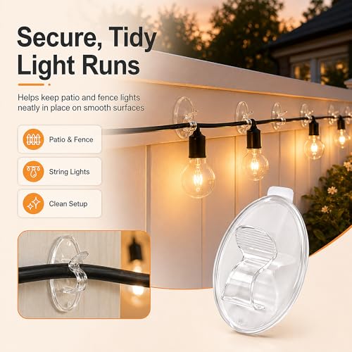 Outdoor String Lights Adhesive Hooks - 40Pcs Clips 3X Stronger Adhesion - color: Clear 40 hooks