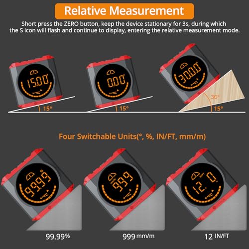 Neoteck Digital Angle Finder LED Rechargeable Level Box Protractor Bevel Gauge Inclinometer with Magnetic Base IP54 Waterproof for Woodworking Home Decoration-Red