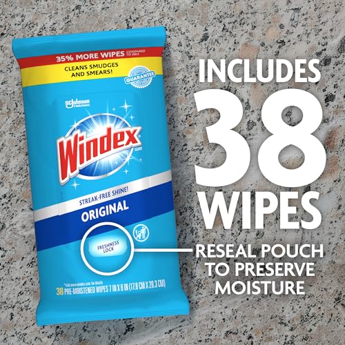 Windex Wipes Glass Cleaning, Pre-Moistened Glass and Surface Wipes to Clean Home Surfaces, Household Essentials, Original Scent, 38 Count (Pack of 1) - size: 38 Count (Pack of 1)