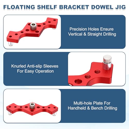 HARFINGTON Floating Shelf Bracket Dowel Jig Kit, Aluminum Alloy Self Centering Straight Punching Hole Drill Guide, DIY Woodworking Tool Doweling Jig for Shelves Cabinet Furniture, Red - color: Red
