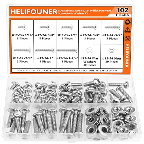 HELIFOUNER 102 Pieces #12-24 Phillips Pan Head Machine Screws Nuts Washers Assortment Kit, Coarse Thread, Fully Machine Threaded, 304 Stainless Steel - size: #12-24, style: Phillips Pan Head