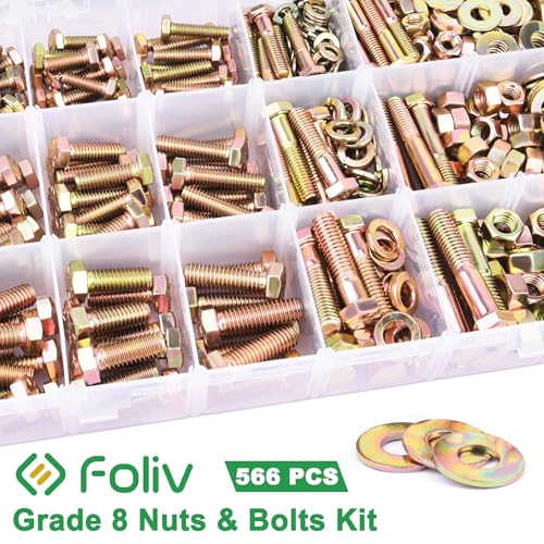 Foliv 566pcs Upgraded Grade 8 Bolt Assortment Kit, Including 1/4-20 5/16-18 3/8-16 Bolts Nuts Washers - size: 566pcs Grade 8 bolts 1/4-20 5/16-18 3/8-16