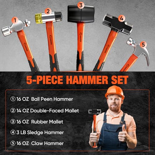 Saker 5-Piece Hammer Set,3lb Sledge Hammer,16oz Rubber Mallet, 16oz Ball Peen Hammer & Claw Hammer, 7oz Cross Peen Hammer for Home Repair & DIY Projects - size: 5 Piece