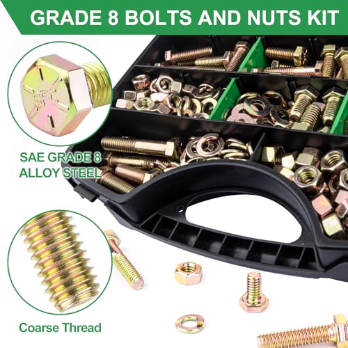 FOLIV 523PCS Grade 8 Bolts and Nuts Assortment Kit, Heavy Duty Nut and Bolt Assortment, 1/4-20 5/16-18 3/8-16 SAE Hex Bolts, Length from 1/2" to 1-1/2" - style: 523PCS 1/4-20 5/16-18 3/8-16