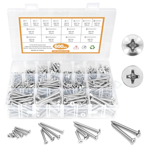 600PCS M3 M4 M5 M6 Stainless Steel Wood Screws Assortment Kit, 16 Sizes Round & Flat Head Metal Screws Self Tapping Screws Set for Wood Deck Drywall Concrete Screws, Length 6mm to 50mm - style: Silver Round & Flat Head 600PCS