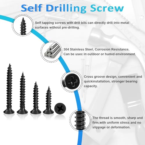 200PCS #6 Black Wood Screws Assortment Kit, 304 Stainless Steel Screws, Drive Sheet Metal Self Tapping Screws with Screwdriver Bit, 6 Sizes (2”,1-1/2”,1-1/4”,1”,3/4”,1/2”) - style: Black #6 Flat Head Set 200PCS