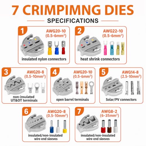 KF CPTEC Wire Crimper Kit 9PCS, AWG 22-2, Tool-Free Quick-Change Dies