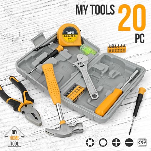 20 Pcs Basic Tool Kit, Compact Home Tool Set with Mini Tool Box, Ideal for Household Repairs, Office Maintenance, Simple DIY, General Tools User-friendly for Beginners, Women & Student(Yellow)
