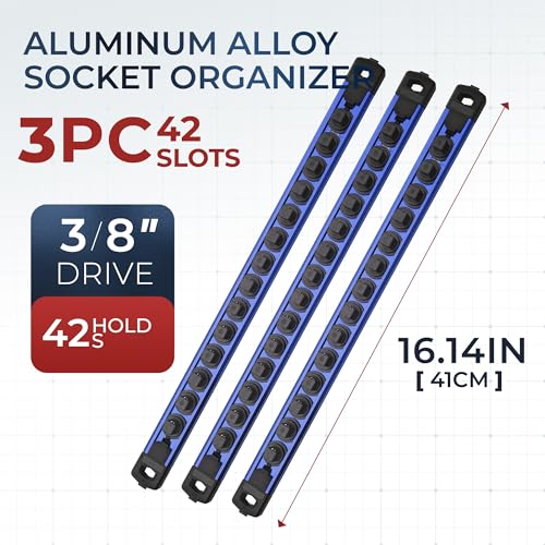 Reniteco Magnetic Socket Organizer Set, 3-Pack 3/8” Socket Rails - color: Blue, size: 3/8-Inch Drive,3pc