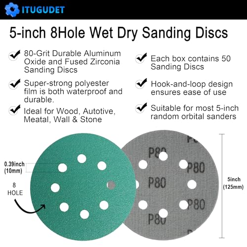 5 Inch 8 Hole P80 Grit Zirconia Wet Dry Sanding Discs - 50 Pack - size: 80 Grit