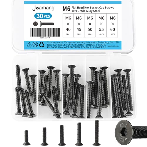 M6 x 40mm 45mm 50mm 55mm 60mm Flat Head Hex Socket Cap Screws Countersunk Bolts, 10.9 Grade Alloy Steel, Black Oxide Finish, Metric Allen Drive, Fully Threaded, Assortment Kit 30Pcs - size: M6 x 40/45/50/55/60 mm