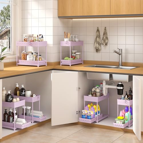 Sevenblue 3-Pack 2-Tier Under Sink Organizers with Sliding Drawers - color: Pink, size: 12.8 Inch