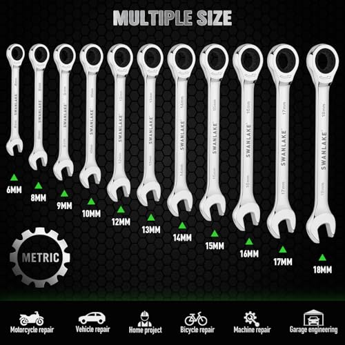 12-Piece Ratchet Wrench Set, Metric 6-18mm Ratchet Combination Wrenches Set, 12-Point 72-Tooth Ratcheting Spanners with Magnetic Base Organizer, Chrome Vanadium Steel for Automotive Mechanic Tool - style: Ratchet Metric