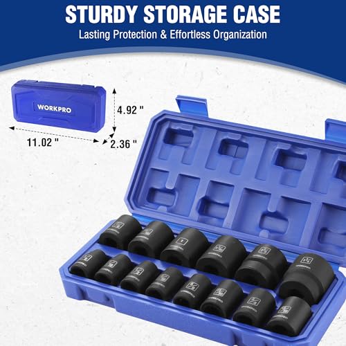 WORKPRO 1/2” Drive Shallow Impact Socket Set, SAE Cr-V Steel 6-Point Socket Set with Storage Case for Automotive Maintenance and Repairs (14PCS 3/8”-1-1/4") - size: 14 PCS, SAE
