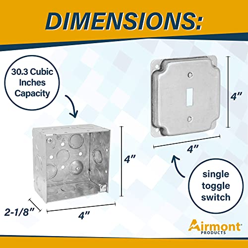 Pack of Box and Cover 4'' Square Electrical Box, Toggle Switch Exposed Work Cover, Crushed Corners, Welded Construction, Ten 1/2'' and Six TKO Knockouts, Raised Ground, 2-1/8'' - size: Toggle Switch