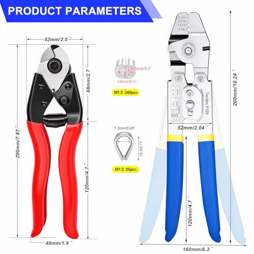 Twidec/Wire Rope Crimping Tool Up To 2.2mm With 240PCS 1/16''Aluminum Crimping Loop Sleeve And 165FT 1/16'' 304 stainless steel Wires Rope 20PCS Wire Thimbles And Wire Rope Cable Cutter Kit - style: 165FT Cutter Kit
