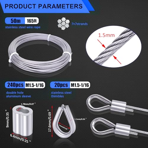 Twidec/Wire Rope Crimping Tool Up To 2.2mm With 240PCS 1/16''Aluminum Crimping Loop Sleeve And 165FT 1/16'' 304 stainless steel Wires Rope 20PCS Wire Thimbles And Wire Rope Cable Cutter Kit - style: 165FT Cutter Kit
