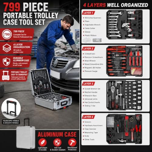 TLGREEN 799-Piece Mechanic Tool Set with Rolling Tool Box, Black - color: Silver