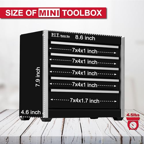 P.I.T. Mini Tool Box,Small Metal Toolbox Organizer with 5 Drawers,Black | 8.6"W X 4.6"D Cute Size,Q235 Steel,Magnetic Locking Mechanism,PVC Drawer Liners - color: Black, size: 5-Drawer