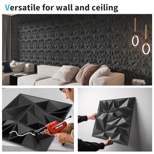 Art3d 50-Pack Modern Diamond Textured 3D Wall Panels, 12 x 12 in, Black - color: Black, size: 12x12 Inch 50 pcs
