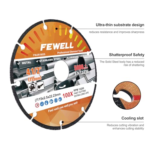 FEWELL 4.5 Inch Metal Diamond Cutting Wheel 5000+ Cuts (3Pack)