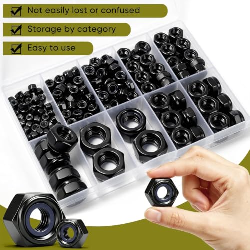 Dpyrrhic 180 Pcs Locknuts Assortment Kit,Black 304 Stainless Steel Lock Nuts Kit Metric Nylon Insert Lock Nuts Set,M3 M4 M5 M6 M8 M10 M12 Size Assortment Kit