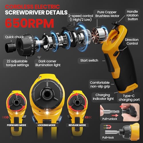 UNIWA Cordless Electric Screwdriver Rechargeable-650 RPM Power Drill-Yellow - color: Yellow
