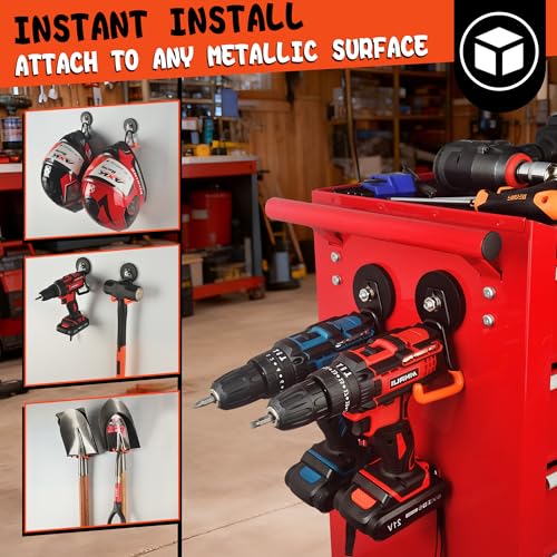 ULIBERMAGNET New Upgraded Heavy Duty Magnetic Garage Hooks,4 Pack Strong Large Magnet Hooks for Power Drill,Garden Tools,Hose,Pegboard,Garage, Workshop,Magnetic Storage Hook for Hanging(Orange) - style: V1 Pro 2.59INCH 4PACK Orange Medium Hooks