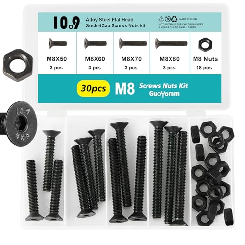 30PCS M8 x 50mm 60mm 70mm 80mm, Flat Head Hex Socket Cap Screws Countersunk Bolts Nuts Kit, 10.9 Grade Alloy Steel, Black Oxide Finish, Metric Allen Drive, Fully Threaded - size: M8x50/60/70/80mm