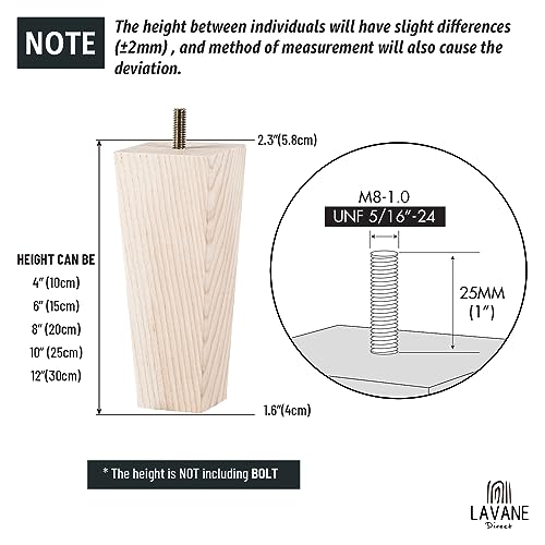 6 inch Unfinished Ash Wood Furniture Legs, LAVANE Set of 4 Mid-Century Modern Pyramid Wooden Replacement Feet with Pre-Drilled 5/16 Inch Bolt & Mounting Plate for Sofa Couch Bed Armchair Ottoman | Unfinished Ash Wood with Straight Grain, 400lb Load Capaci
