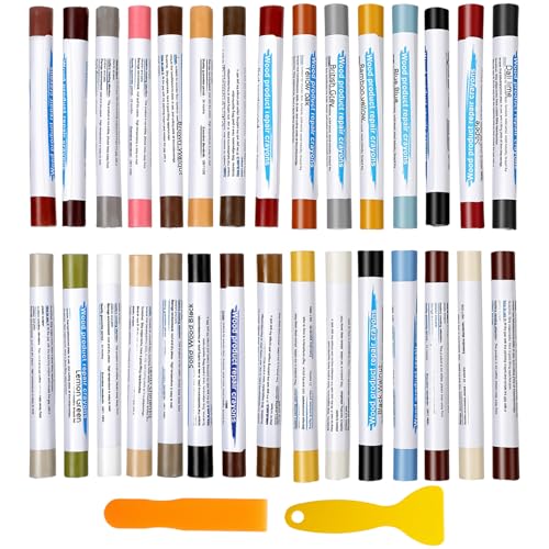32Pcs Wood Filler Sticks, 30 Colos Wood Filler Putty Wax Crayons, Furniture Repair Kit, Putty Sticks for Baseboard Cabinets Furniture Floors (with 2 Scrapers)