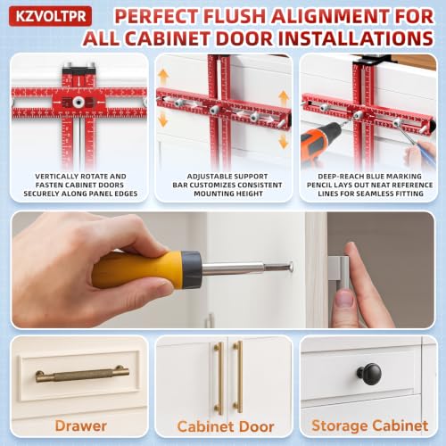 Foldable 2-in-1 Cabinet Hardware Jig with Carpenter Pencil, Adjustable Drawer Pull & Door Hinge Installation Template, CNC Aluminum Drill Guide for Woodworking