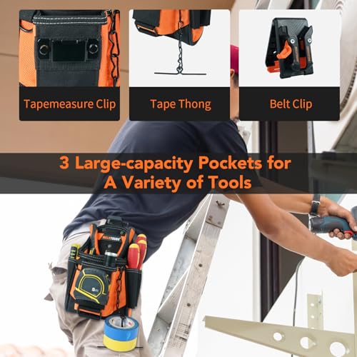 MELOTOUGH Small Electrician Tool Pouch With Belt Clip Attachment - 9 Pockets Tradesman Bag With Tape Thong - Holster for Electricians - color: Orange Electrician Tool Pouch
