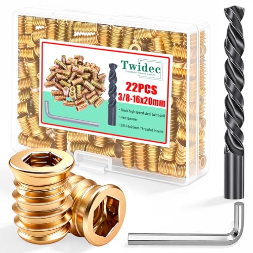 Twidec/22PCS 3/8-16 Threaded Inserts for Wood Furniture Screw-in Nut Wood Inserts Bolt Assortment Kit with Hex Wrench and Drill Bit(3/8-16x20mm) - size: 3/8"-16x20mm
