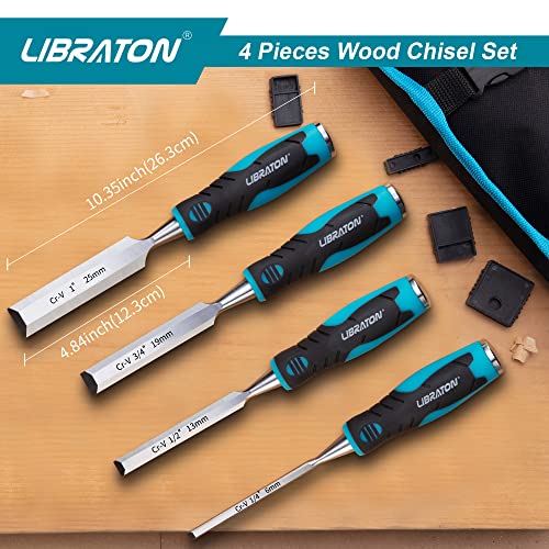 LIBRATON Chisel Set, Wood Chisel Set, Wood Chisel Tool Set for Woodworking | Wood Chisels, Chrome Vanadium Steel Chisel with Storage Pouch, 1/4"(6mm), 1/2"(13mm), 3/4"(19mm), 1"(25mm)