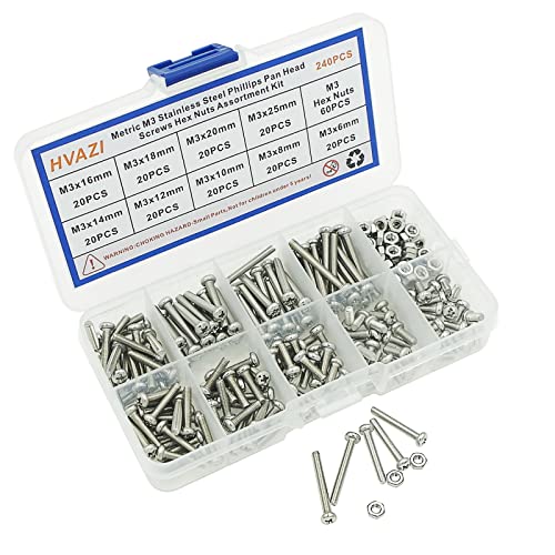 240PCS Metric M3 304 SS Phillips Pan Head Machine Screws & Nuts Kit | 9 Sizes 6-25mm Lengths 304 Stainless Steel Fully Threaded Pan Head Fasteners for PCB Electronics Arduino DIY Repair w/ Box - size: M3