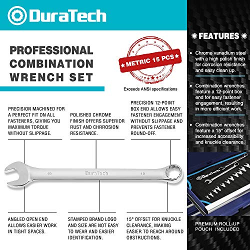 DURATECH Combination Wrench Set, Metric, 15-Piece, 8-22mm - size: Set (8mm to 22mm)