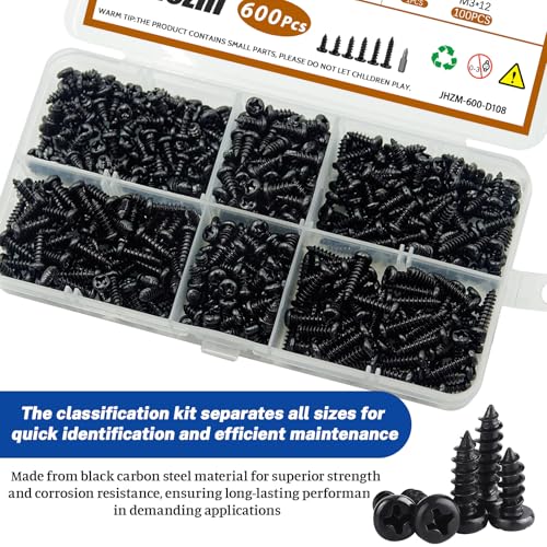 600pcs M3 Phillips Pan Head Self-Tapping Wood Screws, 6 Sizes Cross Recessed Round Head Screws Assortment Kit, Black Carbon Steel for Wood/Plastic/Soft Metal, Sharp Point - size: M3x5/6/7/8/10/12-600Pcs