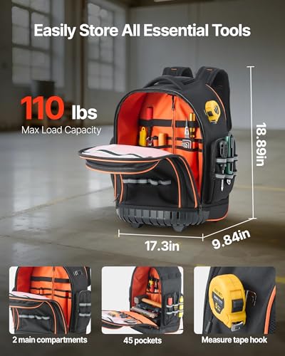 VEVOR Rolling Tool Backpack, 110 lbs Load Capacity, 45 Pockets Heavy Duty Roller Tool Bag on Wheels, Adjustable Telescoping Handle & Stable Base, Toolbag Organizers for Construction, Mechanic - style: Tool Backpack