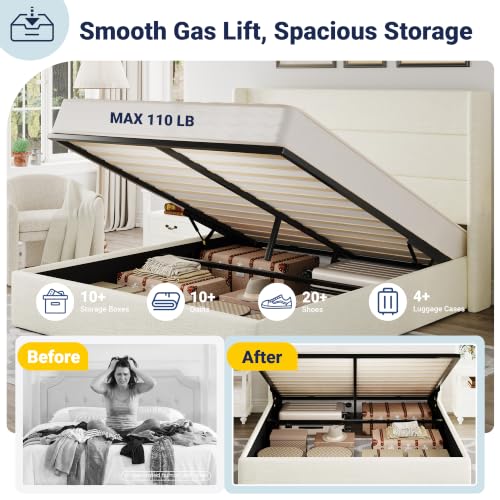 Allewie Full Size Chenille Lift Up Hydraulic Storage Bed Frame Cream White - color: Cream White, size: Full, style: Modern