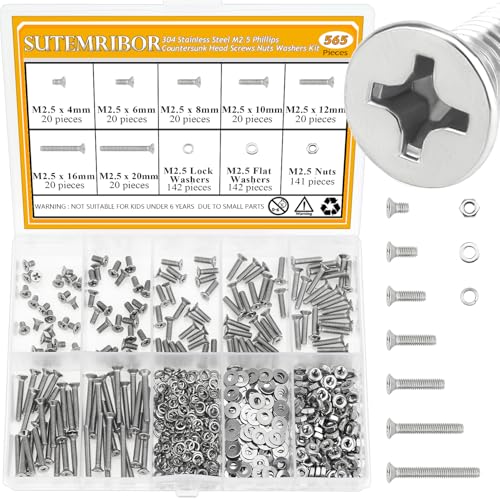 565 Pieces M2.5 Machine Screws Nuts Washers Set, Sutemribor M2.5 x 4/6/8/10/12/16/20mm Phillips Countersunk Head Machine Screws Nuts Washers Assortment Kit, 304 Stainless Steel, Fully Threaded - size: M2.5, style: Phillips Countersunk Head