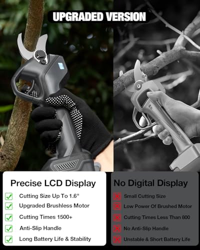 Upgraded Electric Pruning Shears, 1.6" Cutting Diameter Cordless Pruner with LCD Display, Brushless Motor, 2×2.0Ah Rechargeable Batteries & Extra Blade for Garden Trees and Branches - style: LCD-1.6" grey