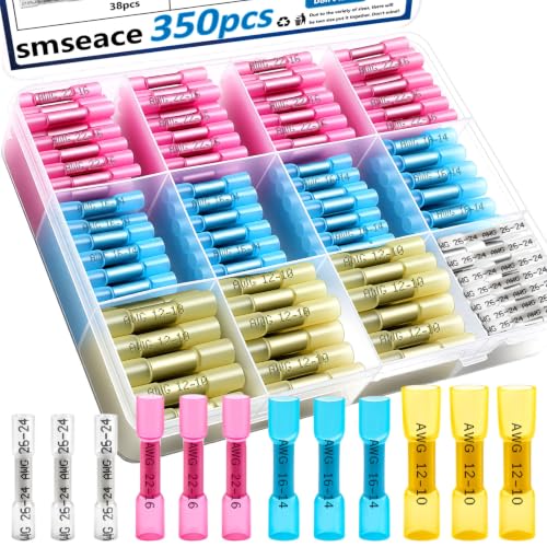 smseace 350PCS Heat Shrink Butt Connectors 26-14/22-16/16-14/12-10AWG Waterproof Electrical Wire Butt Crimp Connectors for Automotive Boat Stereo Industrial Equipment - size: 350Pcs