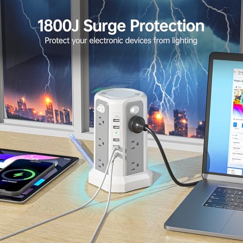 PASSUS Surge Protector Power Strip Tower 10FT (4A1C) with PD18W USB C Port - style: Gray White-4A1C