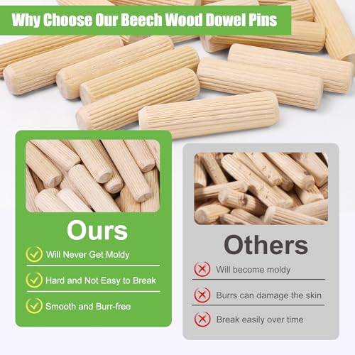 1/2" x 2" Wooden Dowel Pins, FoDau770 Fluted Wood Dowel Rods, Natural Beech Wood Dowel Pegs for Crafts, Woodworking, DIY Furniture - 200 Pieces - size: 1/2" x 2"