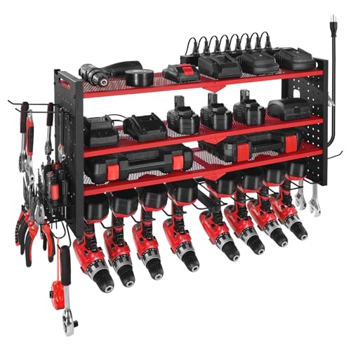 VEVOR Power Tool Organizer with Charging Station, 4-Layer Drill Storage Rack with 8 Drill Holders & Side Pegboard, Garage Tool Organizer Built in 8 Outlet Power Strips for Garage, Workbench, Workshop - size: 4-Layer 8 Drill