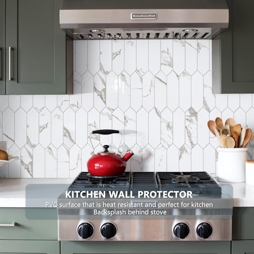 Vamos Tile Glossy White Marble with Gold Veining Backsplash Tile Peel and Stick, 12.8 x 12.8 Inch 10 Sheets Long Hexagon PVC Self Adhesive Mosaic Tiles Stick on Backsplash for Kitchen and Bathroom - color: White Marble with Gold Veining