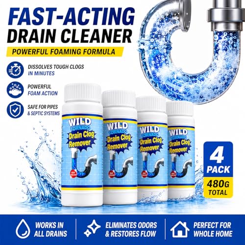 Drain Clog Remover Powder 4 Pack, Sink & Drain Cleaner Fast-Acting Foaming for Hair, Grease, Kitchen Sink & Toilet Clogs, Powerful Pipe Cleaning Solution for Showers & Drains, 480g